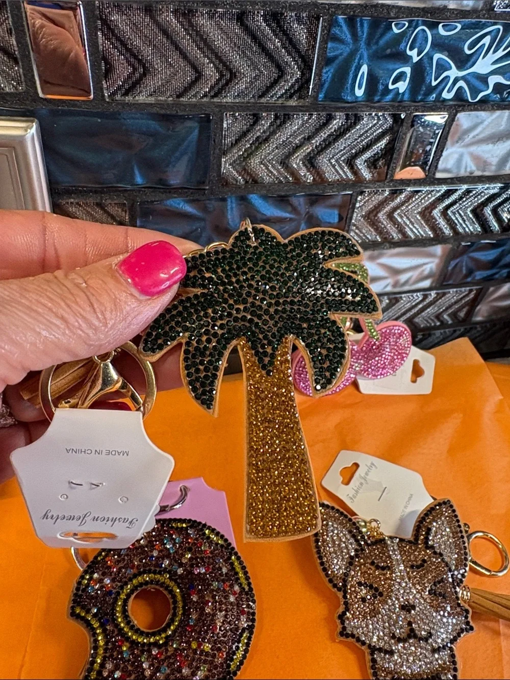 Fashion Jewelry Gold & Dark Green Palm Tree Crystal Keyring